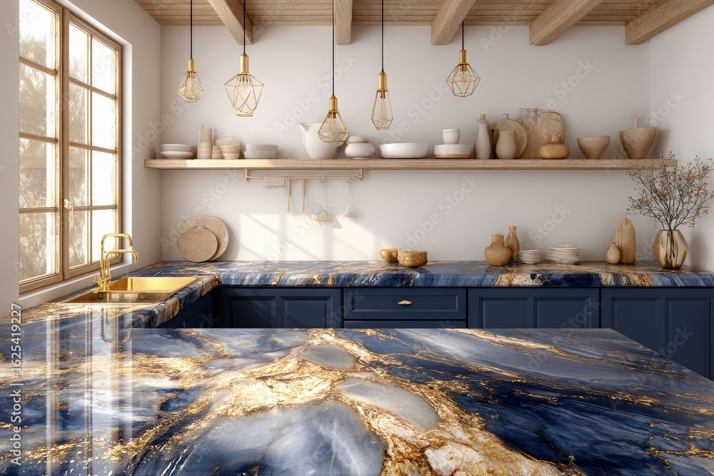 A stylish kitchen showcases blue marble countertops with gold veining and dark cabinetry. Natural light floods in through large windows, illuminating decorative items on shelves.