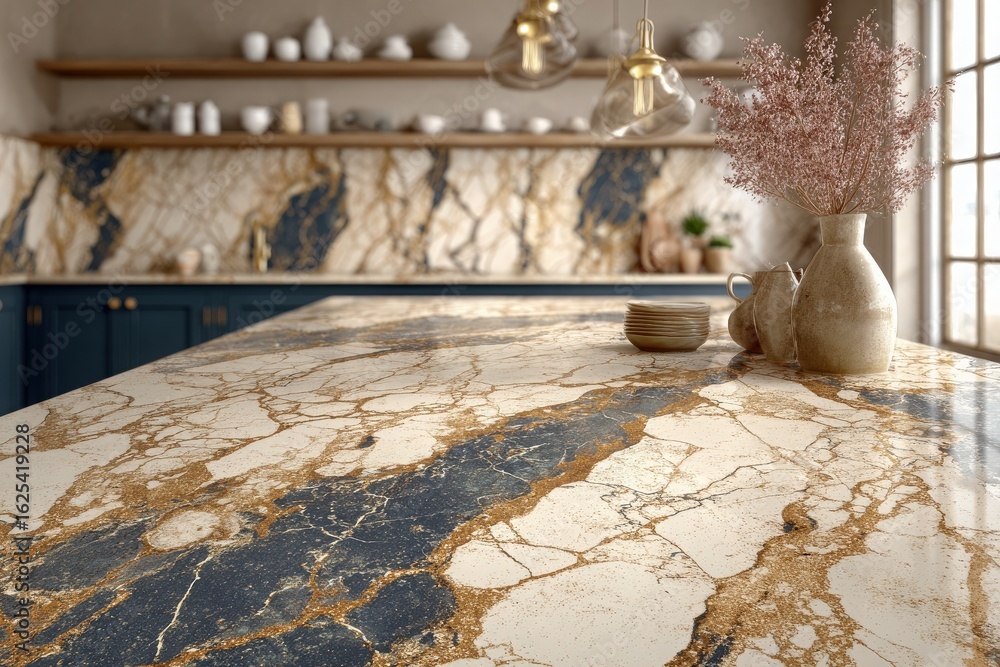 A beautifully designed kitchen features a marble countertop with intricate blue and gold veining. Natural light pours in through large windows, enhancing the warm, inviting atmosphere.