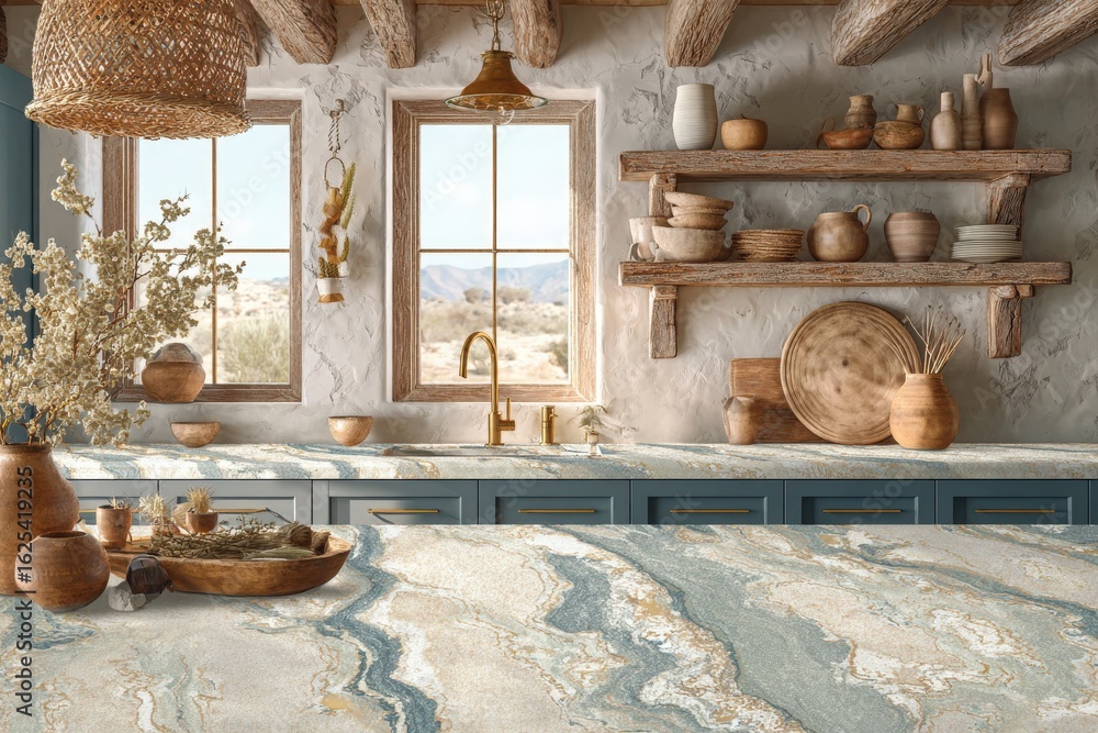 A warm and inviting kitchen features natural stone countertops with unique patterns. Rustic shelving displays handcrafted ceramic dishes, while large windows allow desert light to fill the space.