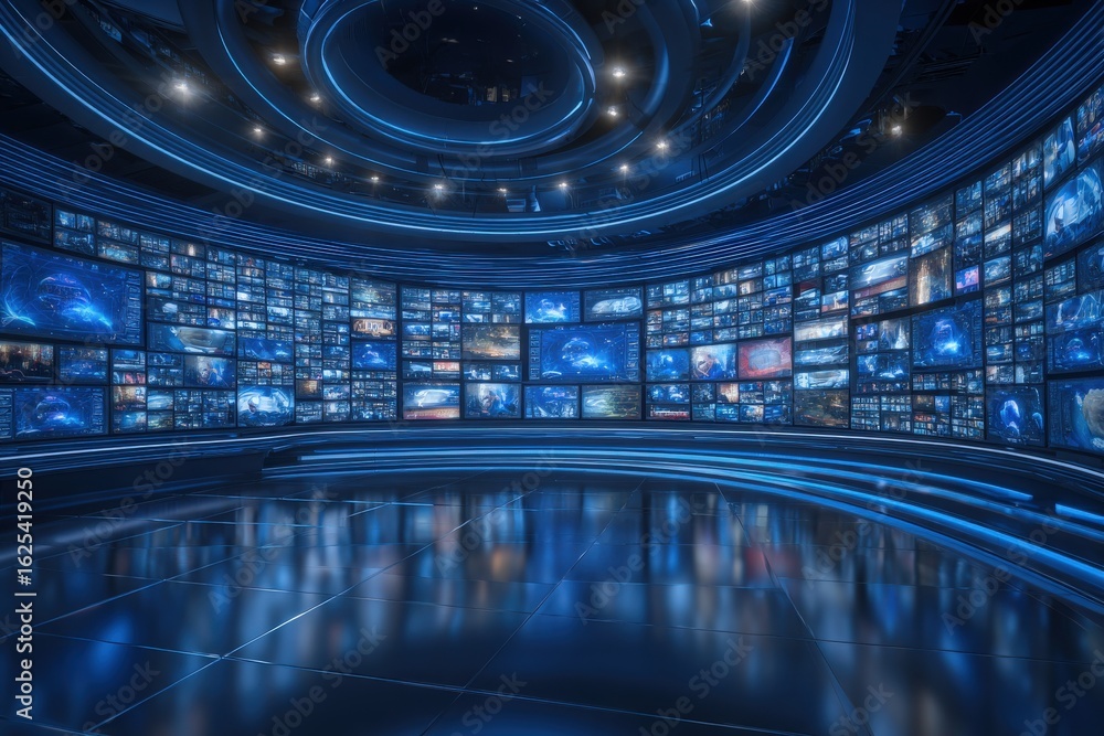 A modern media studio features an array of screens showcasing various colorful visuals. The circular design and blue lighting create a dynamic atmosphere for creative productions.