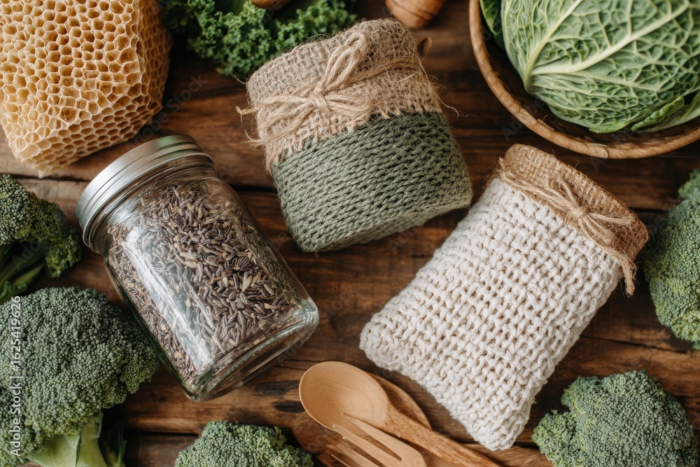 Fresh vegetables like broccoli and cabbage surround handcrafted jars filled with herbs. The natural materials create a cozy atmosphere, highlighting sustainable living and healthy eating.