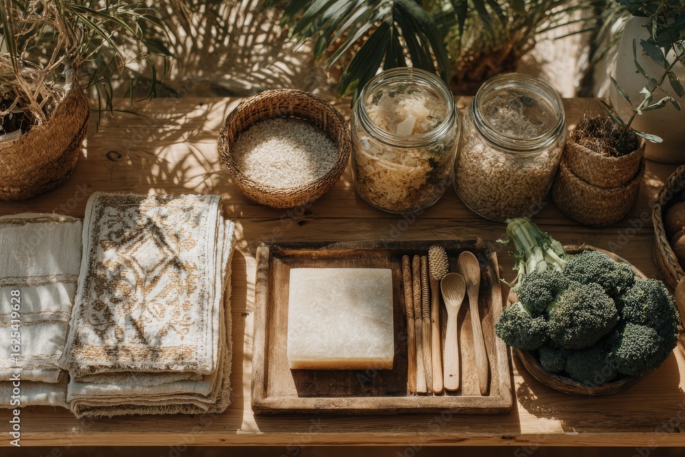 A rustic kitchen counter features fresh broccoli alongside jars of grains and herbs in woven baskets. Natural light enhances the warm atmosphere, inviting culinary creativity and healthy cooking.