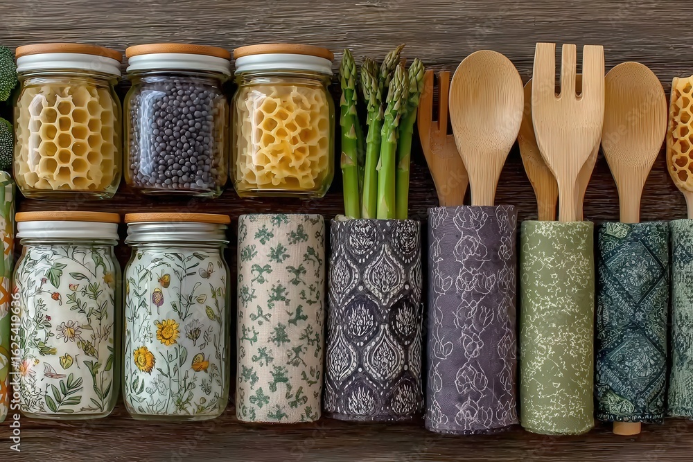 Colorful jars filled with honeycomb and seeds sit alongside stylish wooden utensils on a textured wooden surface, showcasing a blend of natural materials and decorative designs in a kitchen setting.