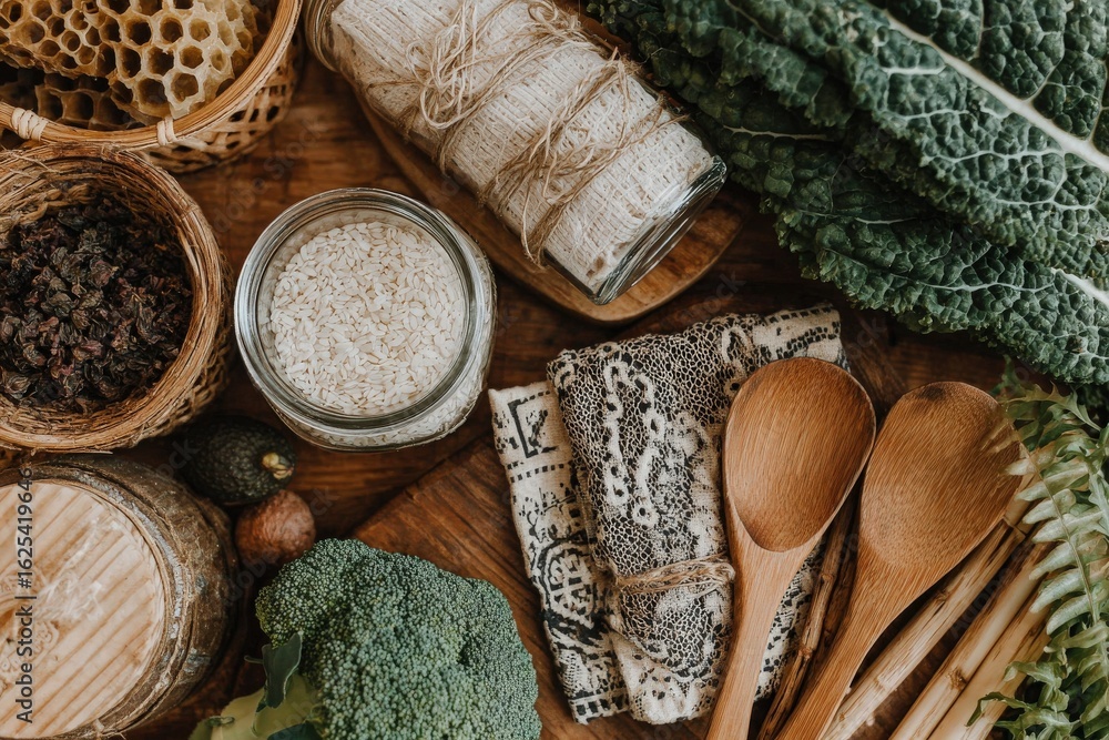 A variety of natural ingredients and kitchen items are spread on a wooden table. These include spices, vegetables, grains, and woven baskets, creating a cozy, rustic atmosphere for cooking.