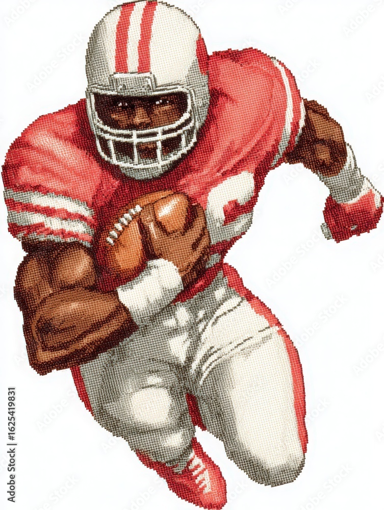 A muscular football player in a red and white uniform is sprinting with a football. The intensity of the play shows determination and focus. The image captures a dynamic moment on the field.
