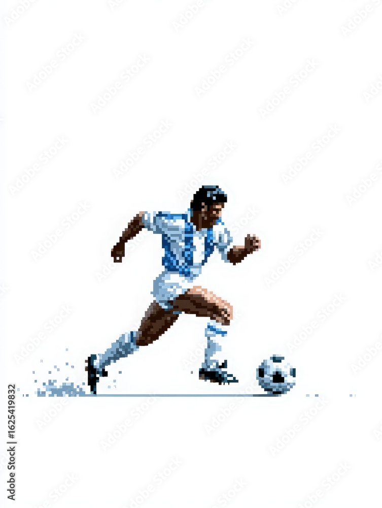 A soccer player wearing a light blue and white jersey is sprinting towards a soccer ball on the field. The bright sky and enthusiastic crowd create an energetic atmosphere during the match.