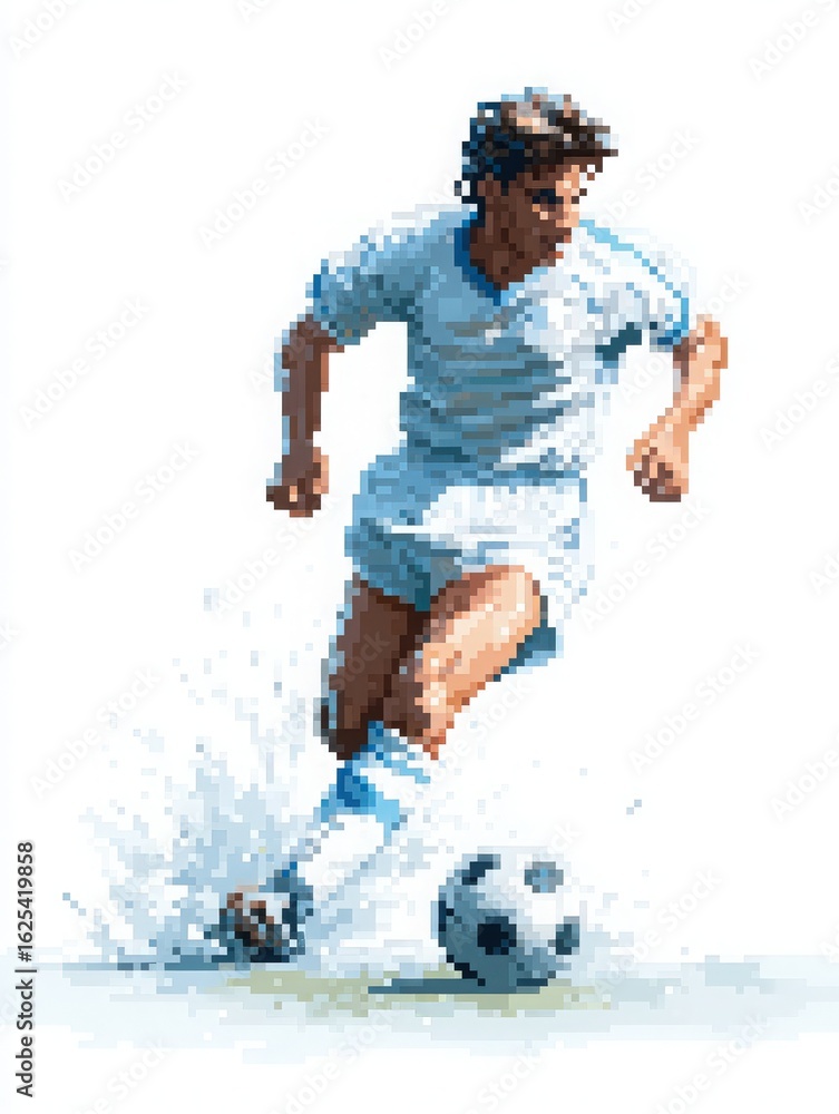 A soccer player in a white jersey skillfully strikes a black and white ball while splashing through water. The action captures the energy and excitement of a match on an athletic field.