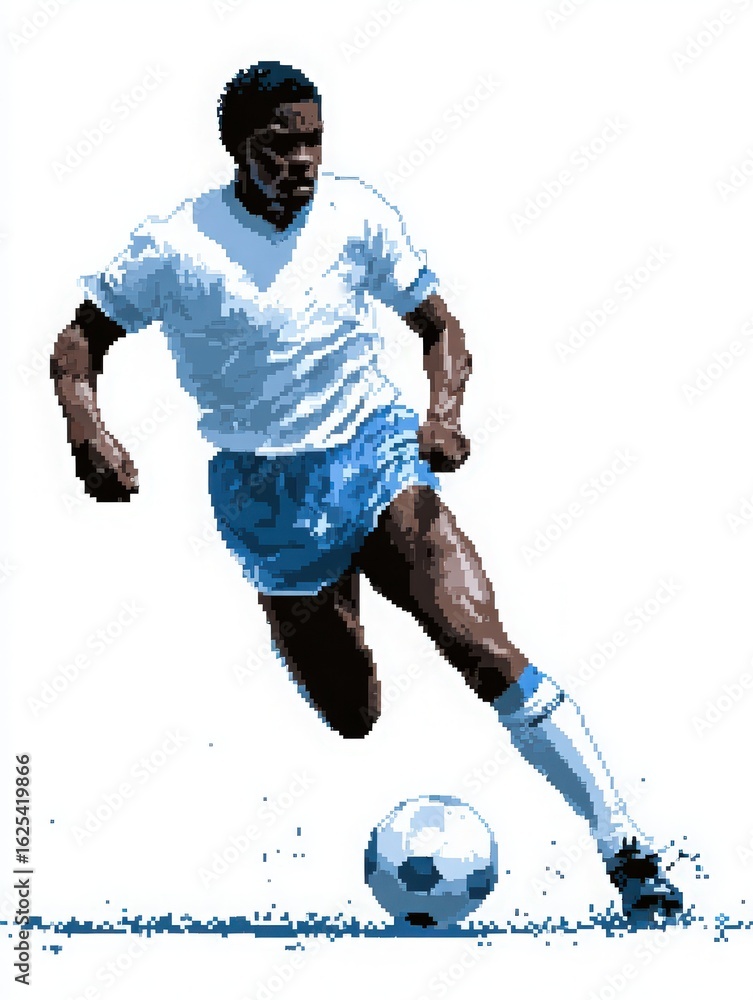 A skilled soccer player in a white jersey and blue shorts strikes a soccer ball with precision. The player is in mid-action on the field, showcasing athleticism and focus during a competitive game.