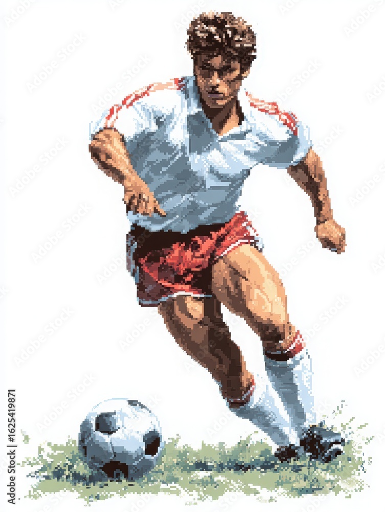 A soccer player wearing a white jersey and red shorts is sprinting toward a black and white soccer ball. The bright sun highlights the athletes focused expression and muscular build.