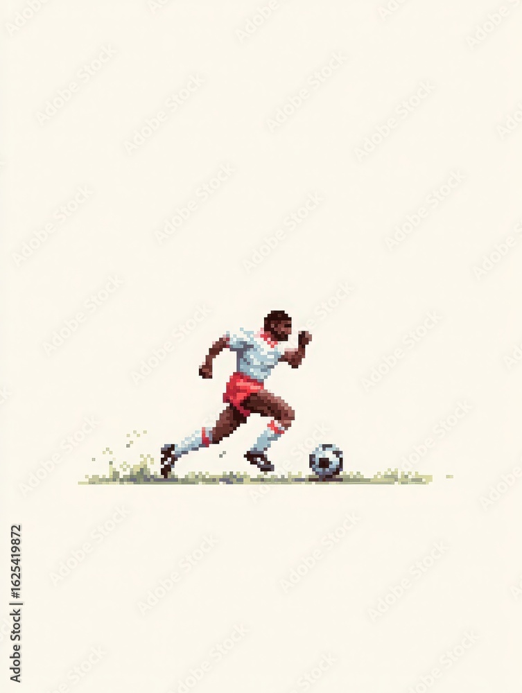 A young athlete in a white jersey and red shorts skillfully dribbles a soccer ball on a grassy field. The sun shines brightly, creating an energetic atmosphere filled with excitement.