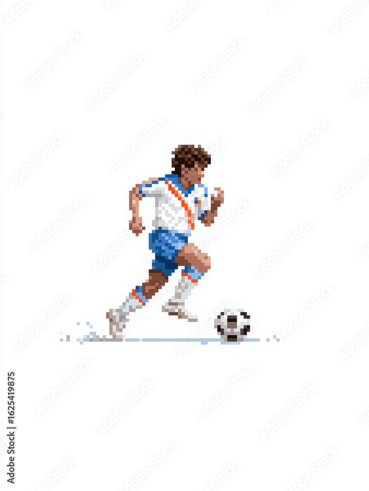 A young male soccer player is sprinting across the field while skillfully dribbling a soccer ball. He wears a white jersey with blue and orange accents, showcasing his speed and passion for the sport.