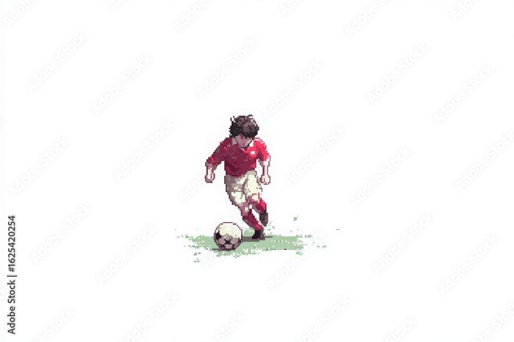 A young boy dribbles a soccer ball on a grassy field, dressed in a vibrant red jersey and white shorts. The sun shines brightly, illuminating his focused expression as he hones his skills.