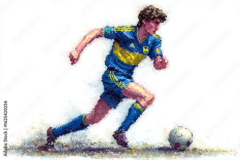 A young male player in a blue and yellow uniform is skillfully dribbling a soccer ball on a grassy field during the golden hour, showcasing athleticism and focus.