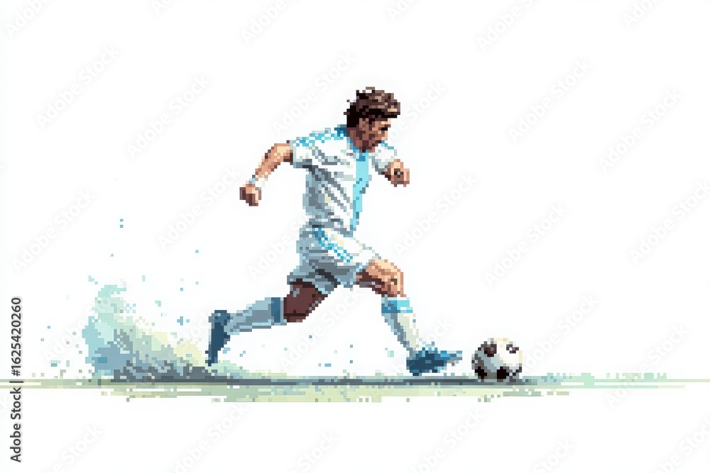A skilled soccer player in a white jersey and blue accents is mid-action, dribbling a soccer ball across the field. The backdrop hints at a sunny day, capturing athletic energy and focus.