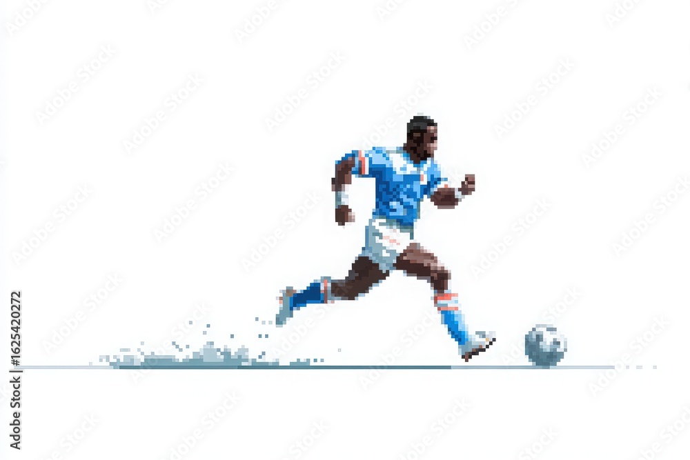 A soccer player in blue attire sprints across the field, skillfully dribbling a ball. The bright atmosphere and lively surroundings enhance the energy of the match.