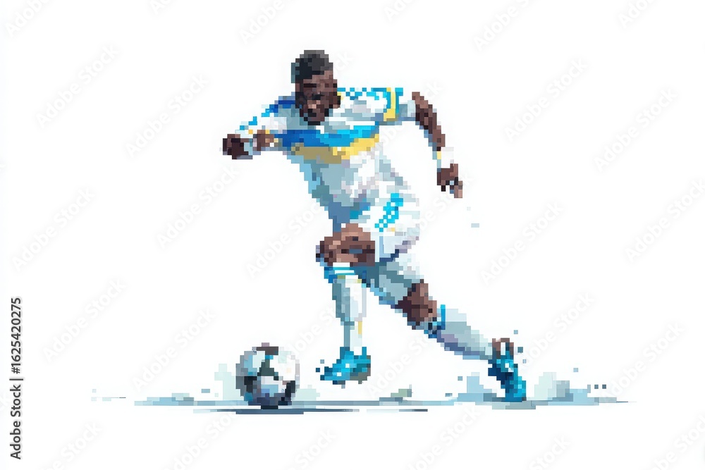 A skillful soccer player is depicted in motion, dribbling a ball across the field. The artist uses pixel art to create a vibrant scene full of action and energy during a match.