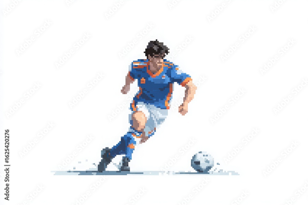 A soccer player runs briskly, dressed in an orange and blue kit, actively dribbling a soccer ball with determination on a white background.
