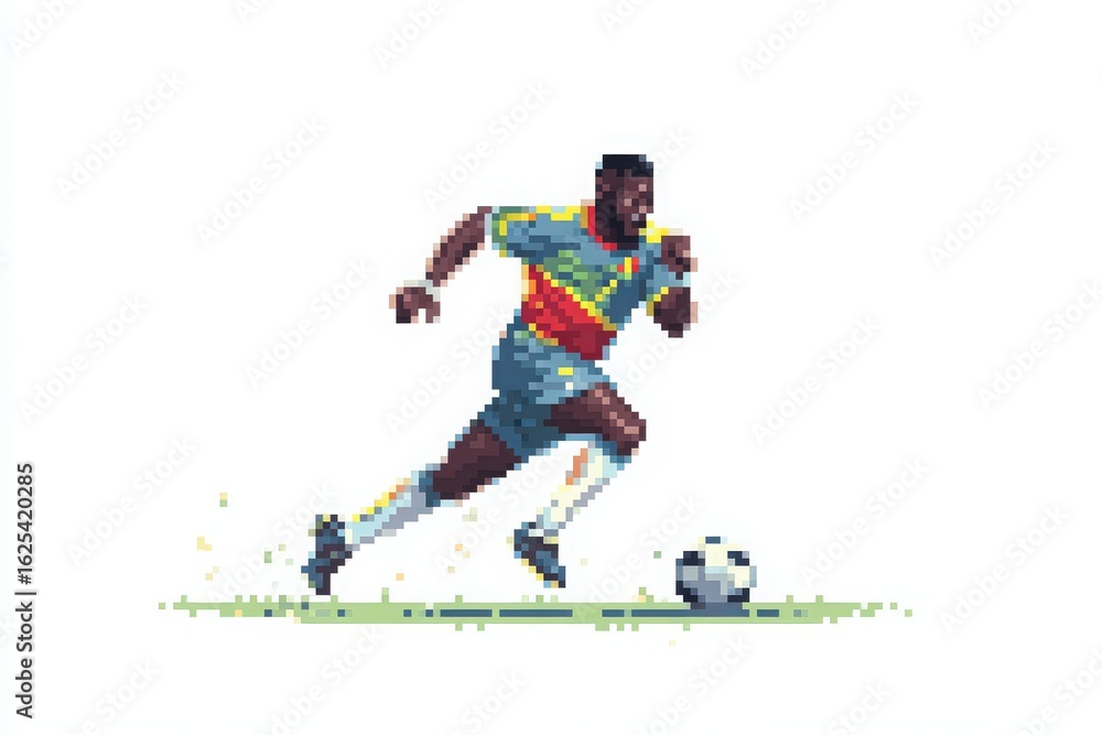 A soccer player in a colorful uniform is running swiftly with a ball on the field. The artwork captures dynamic motion and excitement, showcasing skill and energy in the sport.