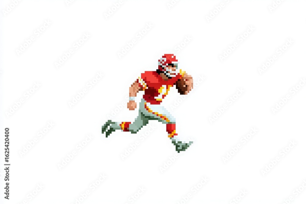A pixelated football player wearing a red jersey and gray pants is sprinting while holding a football. The figure is depicted on a plain white background, creating a retro gaming effect.