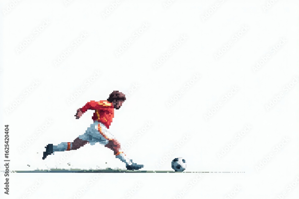 A soccer player wearing a red jersey sprints towards the ball on a well-maintained field. The scene highlights the players agility and focus as he prepares for a powerful kick.