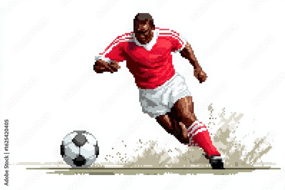 A soccer player wearing a vibrant red uniform is seen sprinting with determination while dribbling a black and white ball on sandy terrain. The action conveys energy and enthusiasm for the game.