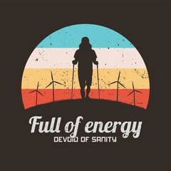 Sticker - Walking man and windmills. Hiking with trekking poles. 60s, 70s label