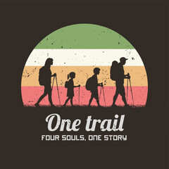 Sticker - Family travel. Parents and children and trekking poles. 60s, 70s label