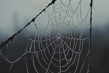 Delicate spiderweb glistening with morning dew, a beautiful natural design.