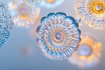 Wall Mural - intricate, translucent, bioluminescent organisms, resembling delicate, glowing flowers under a micro