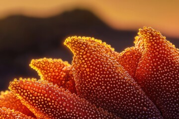 Wall Mural - close-up of a vibrant orange, textured plant structure resembling tiny spheres clustered together, b