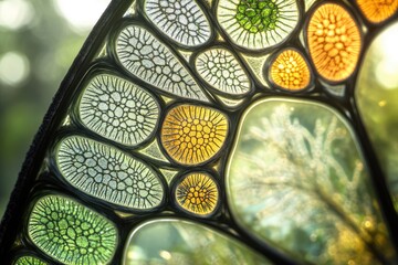 Wall Mural - abstract stained glass art depicting organic, cellular structures in vibrant greens, oranges, and ye