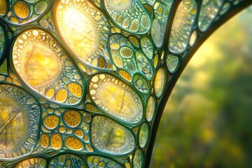 Wall Mural - intricate, organic structure resembling stained glass, glowing with internal light and showing a blu