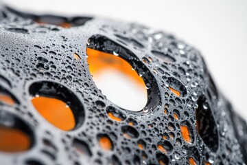 Wall Mural - close-up of a textured surface covered in water droplets, revealing an orange interior.