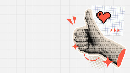 Wall Mural - hand showing thumbs up in vector halftone collage style illustration. pixel heart on grid paper for 