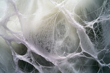 Intricate spiderweb glistening with morning dew, a delicate natural design.