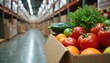 © Pete - Fresh produce including tomatoes, oranges, apples, greens in cardboard box inside large warehouse storage facility with tall shelves stacked with goods. Refrigeration units maintain cold temperatures
