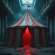 © Pete - Abandoned circus tent with red and white stripes stands ominously in dark, industrial building. Red light spills from within tent, casting eerie shadows. Scene evokes sense of mystery and foreboding.