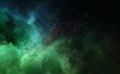 Wall Mural - the cosmic background is vast, with deep blue and vibrant green hues, and features scattered stars t