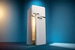 © Sanjid14 - Cool Storage Solution: A minimalist refrigerator, its door ajar, reveals an illuminated interior, the pristine appliance embodying modern functionality and sleek design.