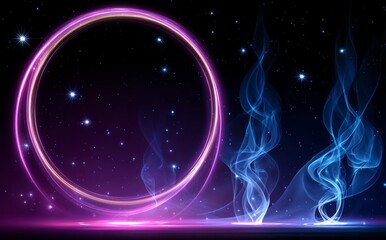 Wall Mural - a circular cosmic portal with a glowing purple hue is enveloped by ethereal smoke set against a dark