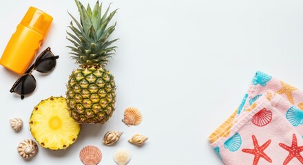 Wall Mural - Summer Vacation Essentials: Pineapple, Sunglasses, Sunscreen, Seashells & Beach Towel Flatlay