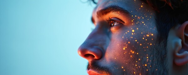 Man profile with glowing digital data overlay. Futuristic AI concept showing connection, network, pixels, blue and orange illuminated lights on human skin.