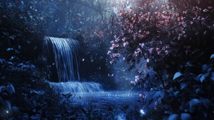 Wall Mural - Magical waterfall cascading through a forest, glowing blue flowers and leaves.