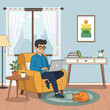 © mochammad - A man sitting in an armchair using a laptop in a cozy living room with a cat.