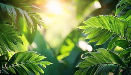 lush green jungle leaves in sunlight with soft background glow