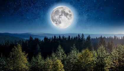 illuminated full moon glowing over a serene forest landscape under a starry night sky