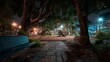 © The_AI_Revolution - Empty park walkway at night with benches and illuminated trees