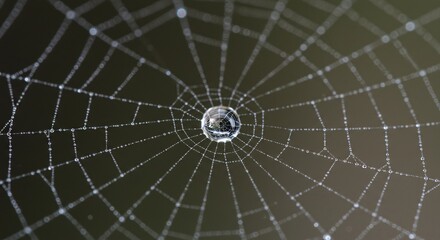 Macro shot of a shimmering spider web adorned with delicate morning dew drops, showcasing nature's intricate artistry and the fragile beauty of its design.