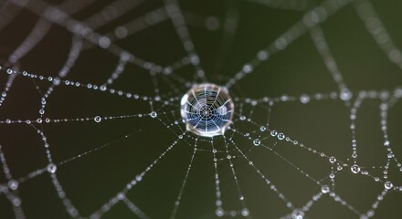 A macro closeup of a spider's intricate web glistens with morning dew drops, a delicate silk network in nature