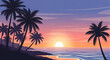 © Tomas - A serene illustration of a tropical beach paradise at sunset, with silhouetted palm trees against a vibrant, colorful sky over the ocean.